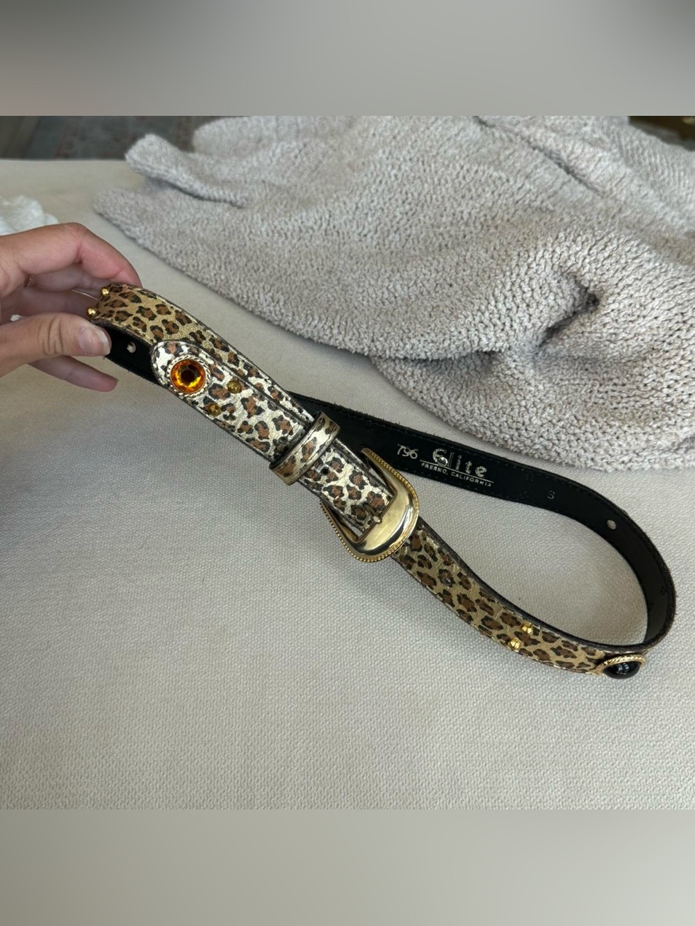 Unique Elite Leopard Print Women's Belt with Gold Buckle and colored jewels